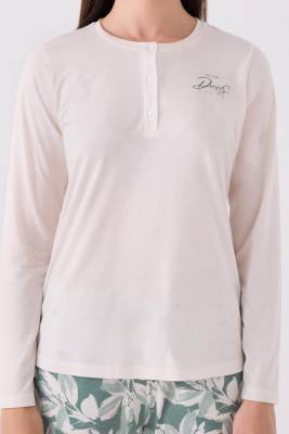 Kadın Çiçek Baskılı Düğmeli Yaka Uzunkol Pijama Takım, Viskon Dokuma, Büyük Beden Kadın Pijama Takım - 4