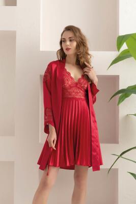 Kadın Fantazi Saten Gecelik Sabahlık Takım, Dantel ve Pile Detaylı Saten Gecelik Sabahlık Takım - 4