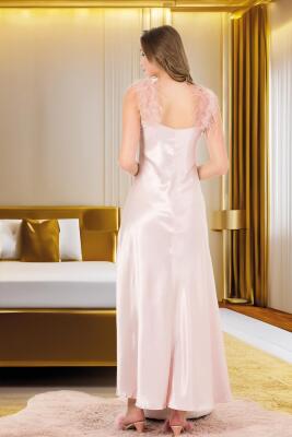 Kadın Fantazi Saten Tüylü Gecelik ve Saten Sabahlık Takım, Saten Gecelik Yırtmaçlı - 9