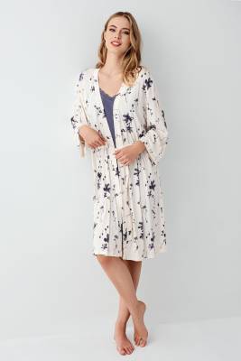 Arnetta - Kadın Gecelik Sabahlık Takım, Desenli Sabahlık, Düz Gecelik, %50 modal %50 pamuk (1)