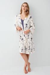 Kadın Gecelik Sabahlık Takım, Desenli Sabahlık, Düz Gecelik, %50 modal %50 pamuk - Thumbnail