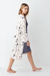 Kadın Gecelik Sabahlık Takım, Desenli Sabahlık, Düz Gecelik, %50 modal %50 pamuk - Thumbnail