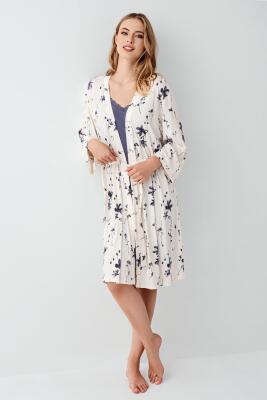 Kadın Gecelik Sabahlık Takım, Desenli Sabahlık, Düz Gecelik, %50 modal %50 pamuk - 2