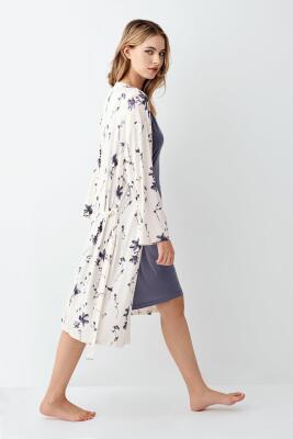 Kadın Gecelik Sabahlık Takım, Desenli Sabahlık, Düz Gecelik, %50 modal %50 pamuk - 4