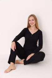 NBB - Kadın Geniş Yakalı Uzunkollu Mevsimlik Düz Renk Ev Giyim Pijama Takımı, %100 Pamuklu (1)