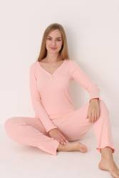 Kadın Geniş Yakalı Uzunkollu Mevsimlik Düz Renk Ev Giyim Pijama Takımı, %100 Pamuklu - Thumbnail