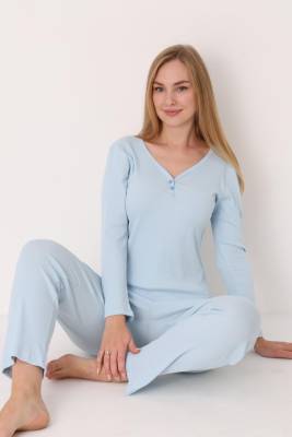 NBB - Kadın Geniş Yakalı Uzunkollu Mevsimlik Düz Renk Ev Giyim Pijama Takımı, %100 Pamuklu