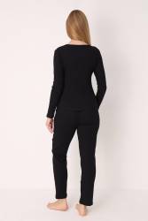 Kadın Geniş Yakalı Uzunkollu Mevsimlik Düz Renk Ev Giyim Pijama Takımı, %100 Pamuklu - Thumbnail