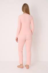 Kadın Geniş Yakalı Uzunkollu Mevsimlik Düz Renk Ev Giyim Pijama Takımı, %100 Pamuklu - Thumbnail