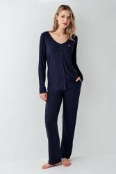 Kadın Gömlek Pijama Takım, Geniş Yakalı, %50 Modal %50 Pamuk - Thumbnail