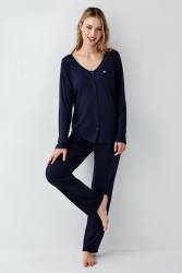 Kadın Gömlek Pijama Takım, Geniş Yakalı, %50 Modal %50 Pamuk - Thumbnail