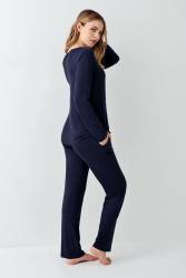 Kadın Gömlek Pijama Takım, Geniş Yakalı, %50 Modal %50 Pamuk - Thumbnail