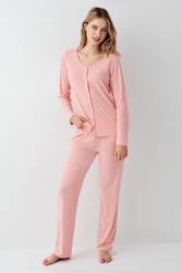 Kadın Gömlek Pijama Takım, Geniş Yakalı, %50 Modal %50 Pamuk - Thumbnail