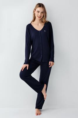 Kadın Gömlek Pijama Takım, Geniş Yakalı, %50 Modal %50 Pamuk - 2