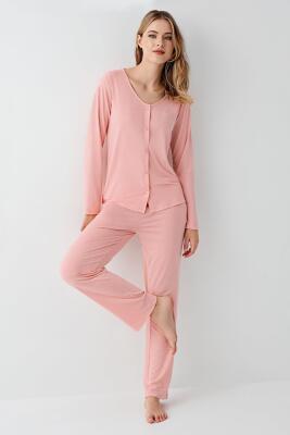 Kadın Gömlek Pijama Takım, Geniş Yakalı, %50 Modal %50 Pamuk - 6