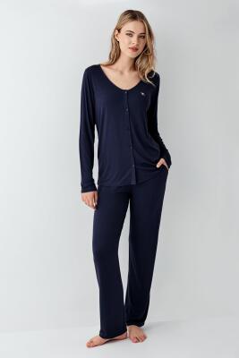 Kadın Gömlek Pijama Takım, Geniş Yakalı, %50 Modal %50 Pamuk - 1