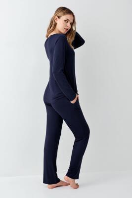 Kadın Gömlek Pijama Takım, Geniş Yakalı, %50 Modal %50 Pamuk - 4