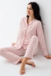 Kadın Gömlek Pijama Takım, Retro Pembe %50 Pamuk %50 Modal kumaş - Thumbnail