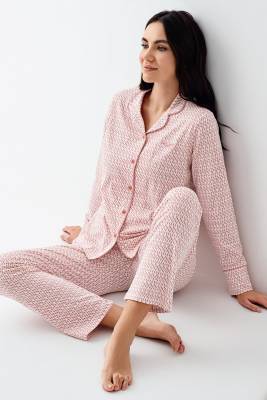 Pierre Cardin - Kadın Gömlek Pijama Takım, Retro Pembe %50 Pamuk %50 Modal kumaş