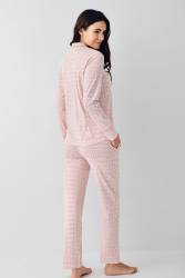 Kadın Gömlek Pijama Takım, Retro Pembe %50 Pamuk %50 Modal kumaş - Thumbnail