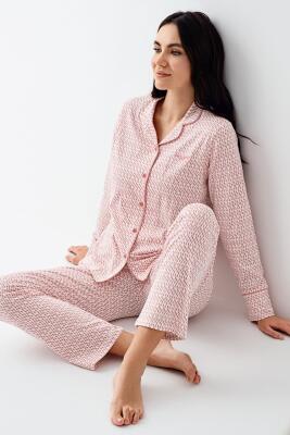 Kadın Gömlek Pijama Takım, Retro Pembe %50 Pamuk %50 Modal kumaş - 1
