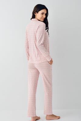 Kadın Gömlek Pijama Takım, Retro Pembe %50 Pamuk %50 Modal kumaş - 4