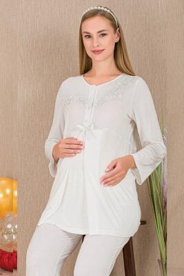 Kadın Güpür Detay 3'lü Hamile Lohusa Pijama Takım, Hamile Lohusa Sabahlık ve Pijama Takımı - 3