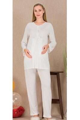 Kadın Güpür Detay 3'lü Hamile Lohusa Pijama Takım, Hamile Lohusa Sabahlık ve Pijama Takımı - 4