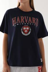 Kadın Harvard University Lisanslı Oversize T-shirt, Pamuklu T-shirt, Kısakol Oversize T-shirt - Thumbnail