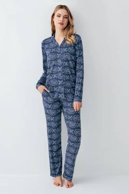 Arnetta - Kadın İndigo Gömlek Yaka Mevsimlik Pijama Takım, %50 modal %50 pamuk