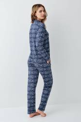 Kadın İndigo Gömlek Yaka Mevsimlik Pijama Takım, %50 modal %50 pamuk - Thumbnail