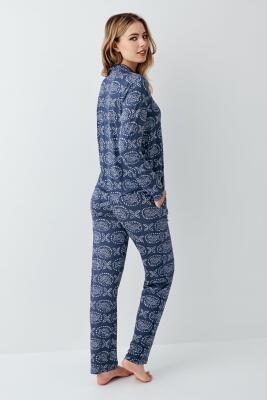 Kadın İndigo Gömlek Yaka Mevsimlik Pijama Takım, %50 modal %50 pamuk - 4