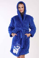 Kadın İndigo Süper Yumuşak Welwelsoft Kapsonlu Uzun Kol Kısa Sabahlık - Thumbnail