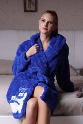 Kadın İndigo Süper Yumuşak Welwelsoft Kapsonlu Uzun Kol Kısa Sabahlık - Thumbnail