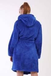 Kadın İndigo Süper Yumuşak Welwelsoft Kapsonlu Uzun Kol Kısa Sabahlık - Thumbnail