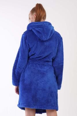 Kadın İndigo Süper Yumuşak Welwelsoft Kapsonlu Uzun Kol Kısa Sabahlık - 4