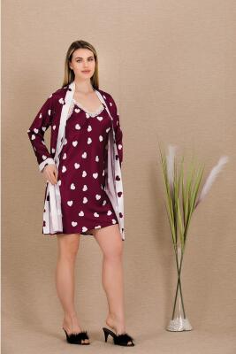 Kadın Kalpli Saten Gecelik Sabahlık Takım - 4