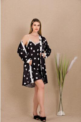 Kadın Kalpli Saten Gecelik Sabahlık Takım - 13