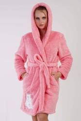 Kadın Kedili Süper Yumuşak Vienetta Welwelsoft Kapsonlu Uzun Kol Kısa Sabahlık - Thumbnail