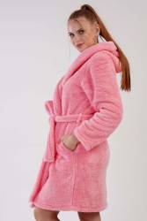 Kadın Kedili Süper Yumuşak Vienetta Welwelsoft Kapsonlu Uzun Kol Kısa Sabahlık - Thumbnail