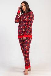 Kadın Kırmızı Ekoseli, Ayıcıklı, %100 Pamuklu, 2 İplik Dokuma Uzunkol Manşetli Pijama Takım - Thumbnail