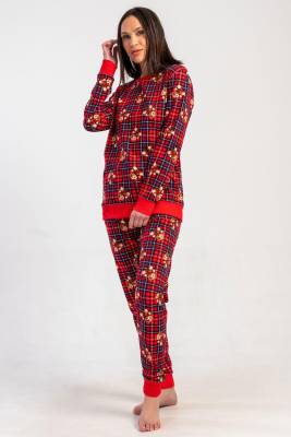 REN - Kadın Kırmızı Ekoseli, Ayıcıklı, %100 Pamuklu, 2 İplik Dokuma Uzunkol Manşetli Pijama Takım