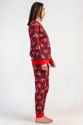 Kadın Kırmızı Ekoseli, Ayıcıklı, %100 Pamuklu, 2 İplik Dokuma Uzunkol Manşetli Pijama Takım - Thumbnail