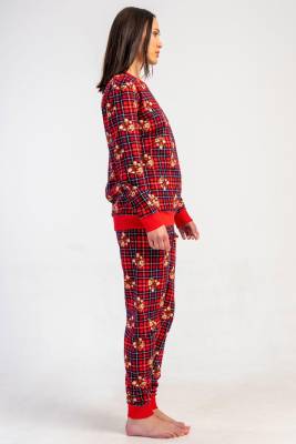 REN - Kadın Kırmızı Ekoseli, Ayıcıklı, %100 Pamuklu, 2 İplik Dokuma Uzunkol Manşetli Pijama Takım (1)