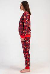 Kadın Kırmızı Ekoseli, Ayıcıklı, %100 Pamuklu, 2 İplik Dokuma Uzunkol Manşetli Pijama Takım - Thumbnail