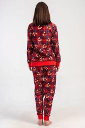 Kadın Kırmızı Ekoseli, Ayıcıklı, %100 Pamuklu, 2 İplik Dokuma Uzunkol Manşetli Pijama Takım - Thumbnail