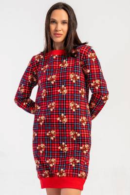 REN - Kadın Kırmızı Ekoseli, Ayıcıklı, %100 Pamuklu, 2 İplik Dokuma Uzunkol Manşetli Tunik Elbise