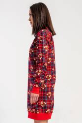 Kadın Kırmızı Ekoseli, Ayıcıklı, %100 Pamuklu, 2 İplik Dokuma Uzunkol Manşetli Tunik Elbise - Thumbnail