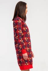 Kadın Kırmızı Ekoseli, Ayıcıklı, %100 Pamuklu, 2 İplik Dokuma Uzunkol Manşetli Tunik Elbise - Thumbnail