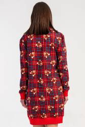 Kadın Kırmızı Ekoseli, Ayıcıklı, %100 Pamuklu, 2 İplik Dokuma Uzunkol Manşetli Tunik Elbise - Thumbnail